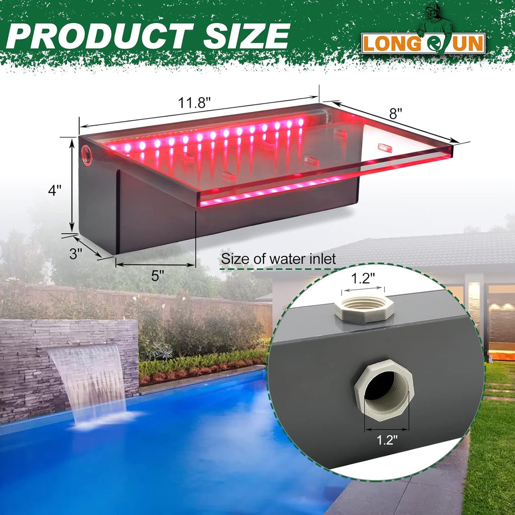 LONGRUN Waterfall Spillway Multi-Color LED Light Outdoor Pool Fountain, Acrylic Water Spillway Koi Pond Waterfalls Fountains Kit for Garden Patio Swimming Pool Koi Ponds Decoration-11.8"