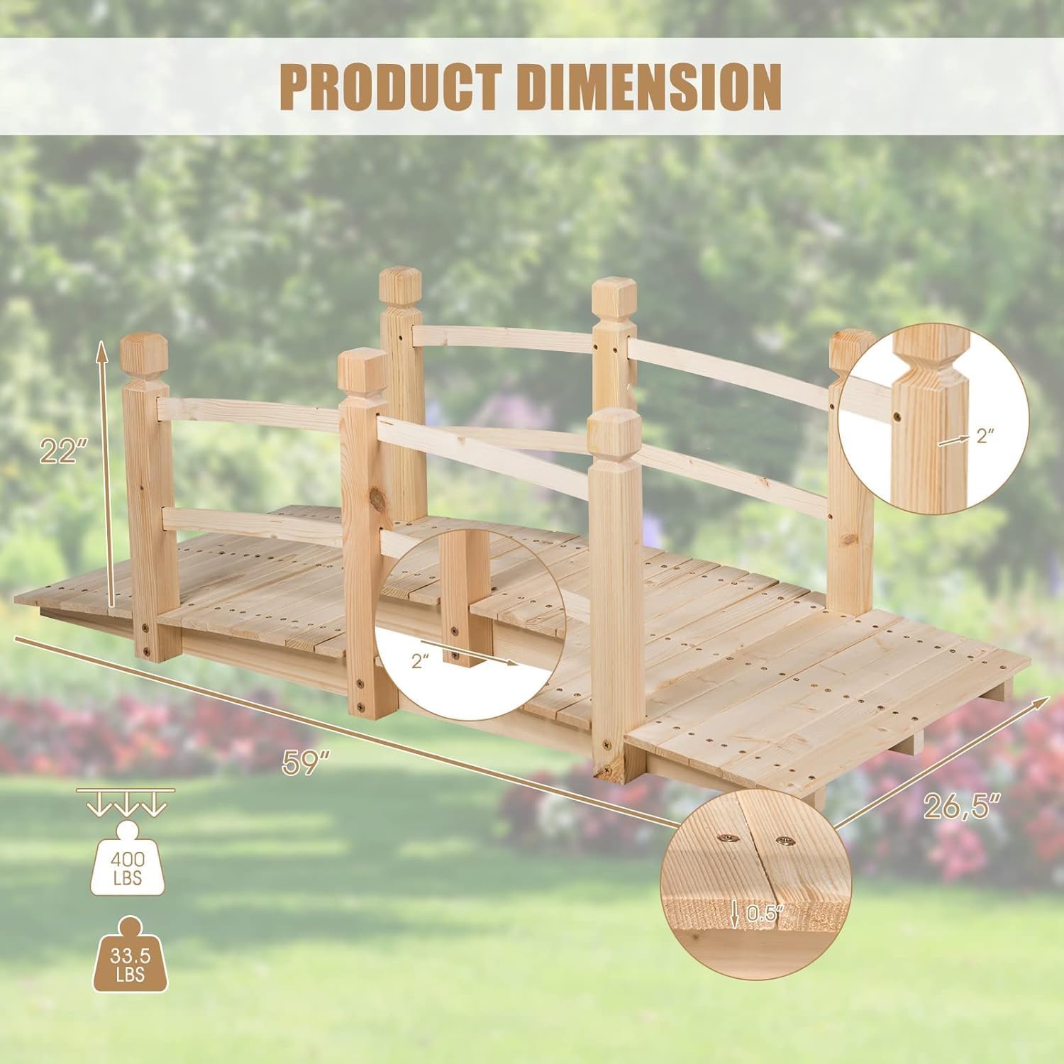 Giantex 5 FT Wooden Garden Bridge, Classic Wood Arc Footbridge with Railings, 400 lbs Capacity, Decorative Pond Bridge for Outdoor Garden Yard Backyard Creek Farm (Natural)