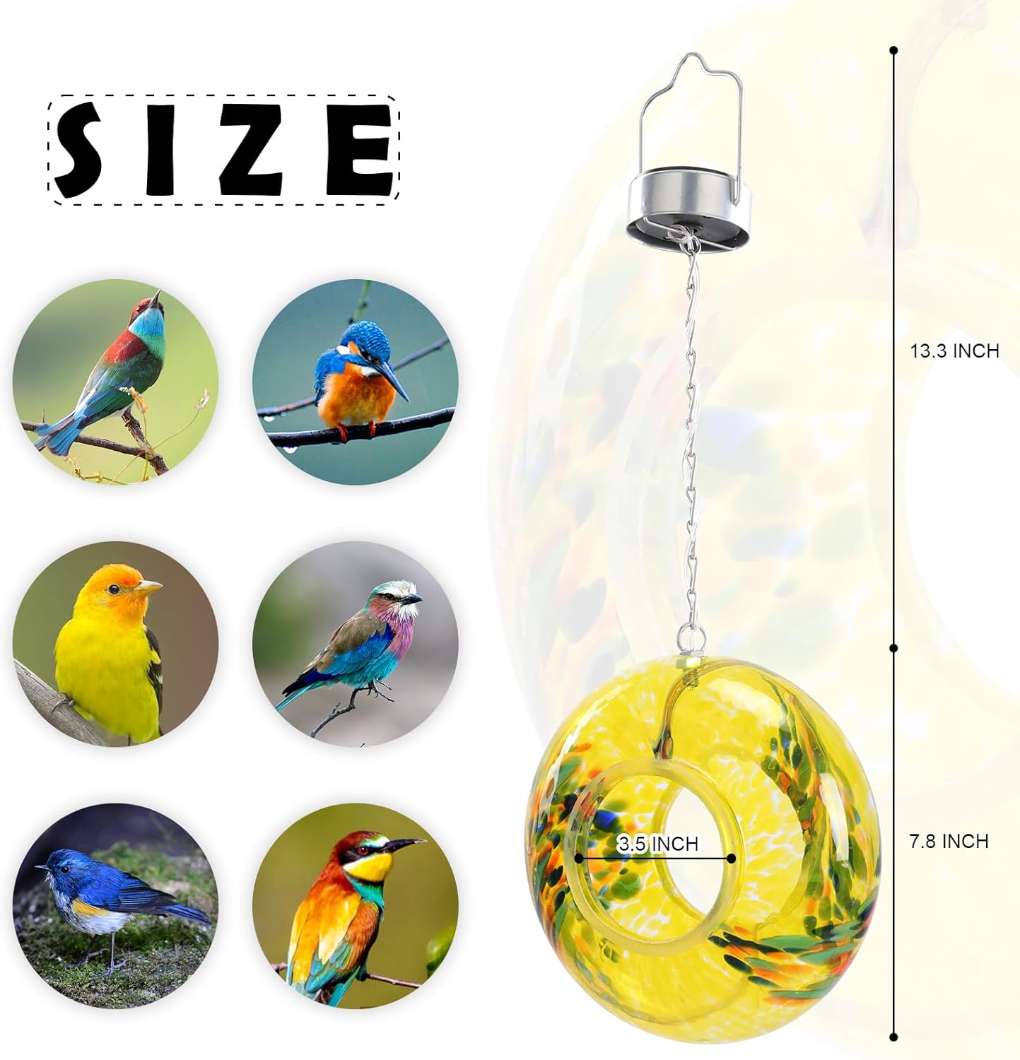 VCUTEKA Bird Feeder Solar Fly Through Bird Feeders for Outside Hanging with Round Shape Glass Container to Attract Wild Birds for Garden Decor, Yellow 8"