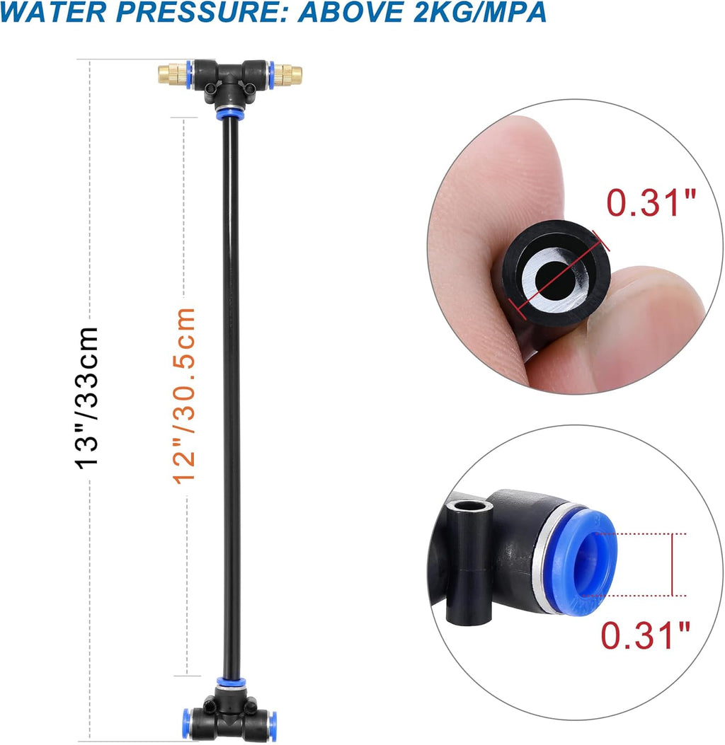 Mornajina 3Packs 2 Way Brass Misting Nozzles Tee with 12inch Built in Hose for Outdoor Cooling System, Adjustable 360° Rotation, Water Mister Nozzles Thread Sprayer 0.043" (1.1 mm)
