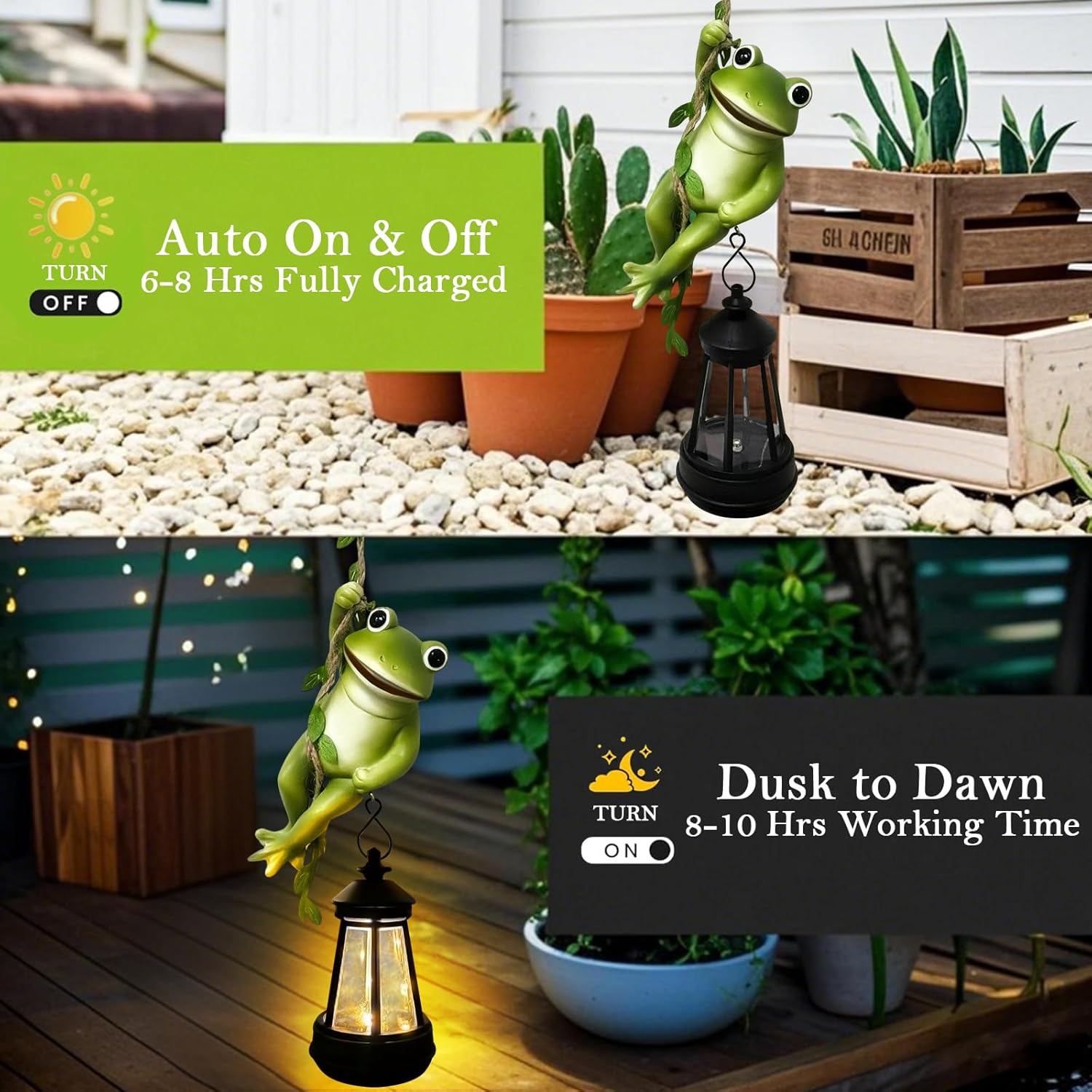Solar Frogs Outdoor Garden Statues, Halloween Hanging Climbing Rope Frog on a Vine with Lantern Tree Hugger Figurine Lights for Outside Yard Art Sculptures Porch Balcony Wall Decor, Funny Gifts
