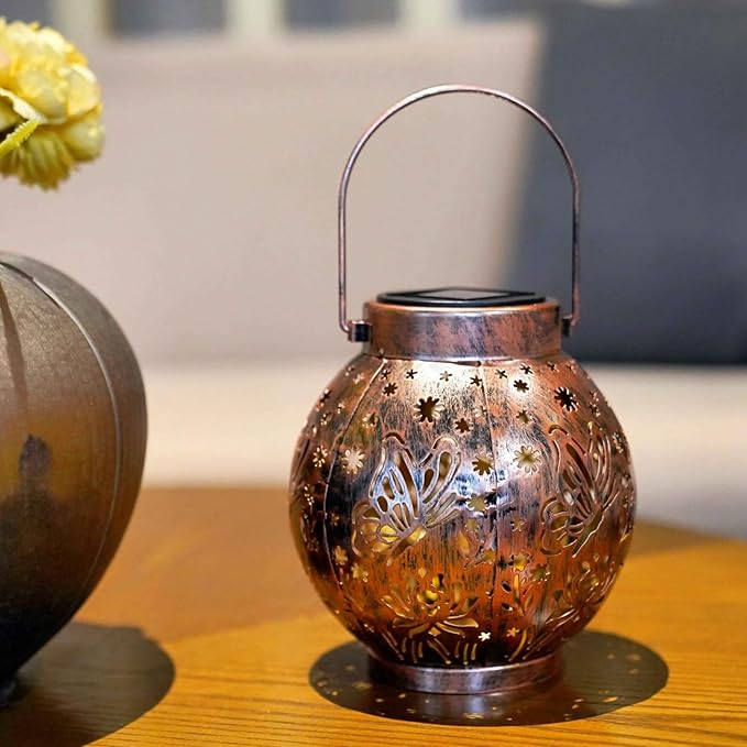 2 Pack Outdoor Solar Hanging Lantern Lights Metal LED Decorative Lamp for Garden Patio Porch Lawn and Table.Unique Gifts for Women Gardening. (Bronze Butterfly)