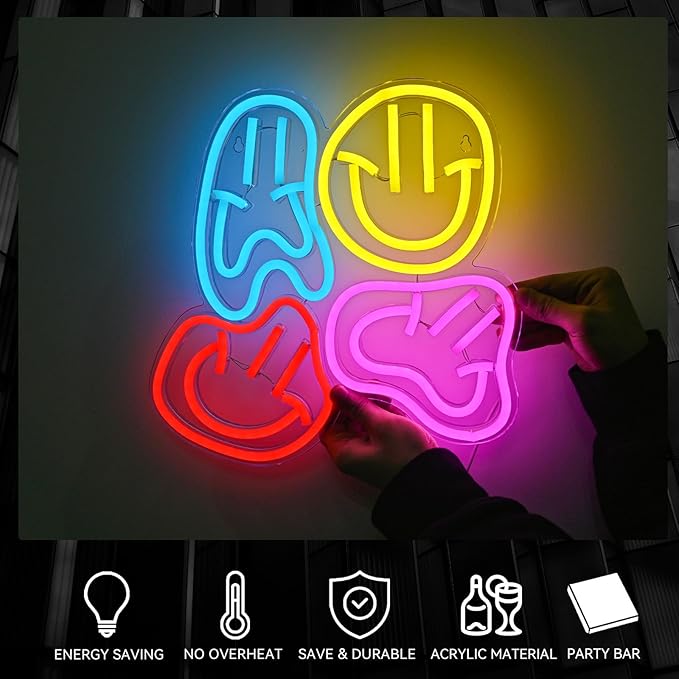 Smile Faces Neon Sign Led Colorful Distorted Happy Faces Neon Light Signs for Wall Decor Usb Light Up Signs for Kids Bedroom Aesthetic Preppy Room Decor Party Decoration Teens Gifts