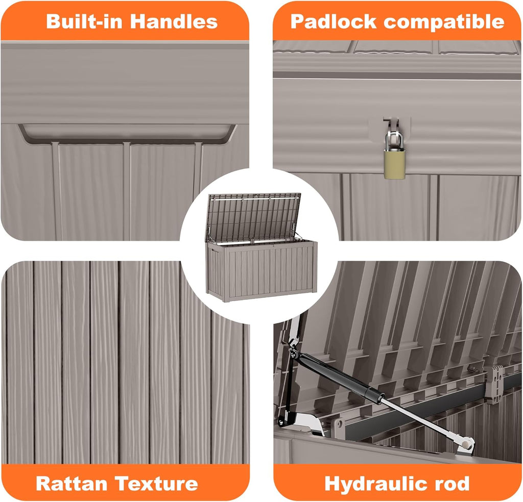 150 Gallon Resin Deck Box, Lockable Patio Outdoor Storage Box for Furniture, Garden Tools and Tools Storage, Waterproof Outside Storage Boxes - Grey