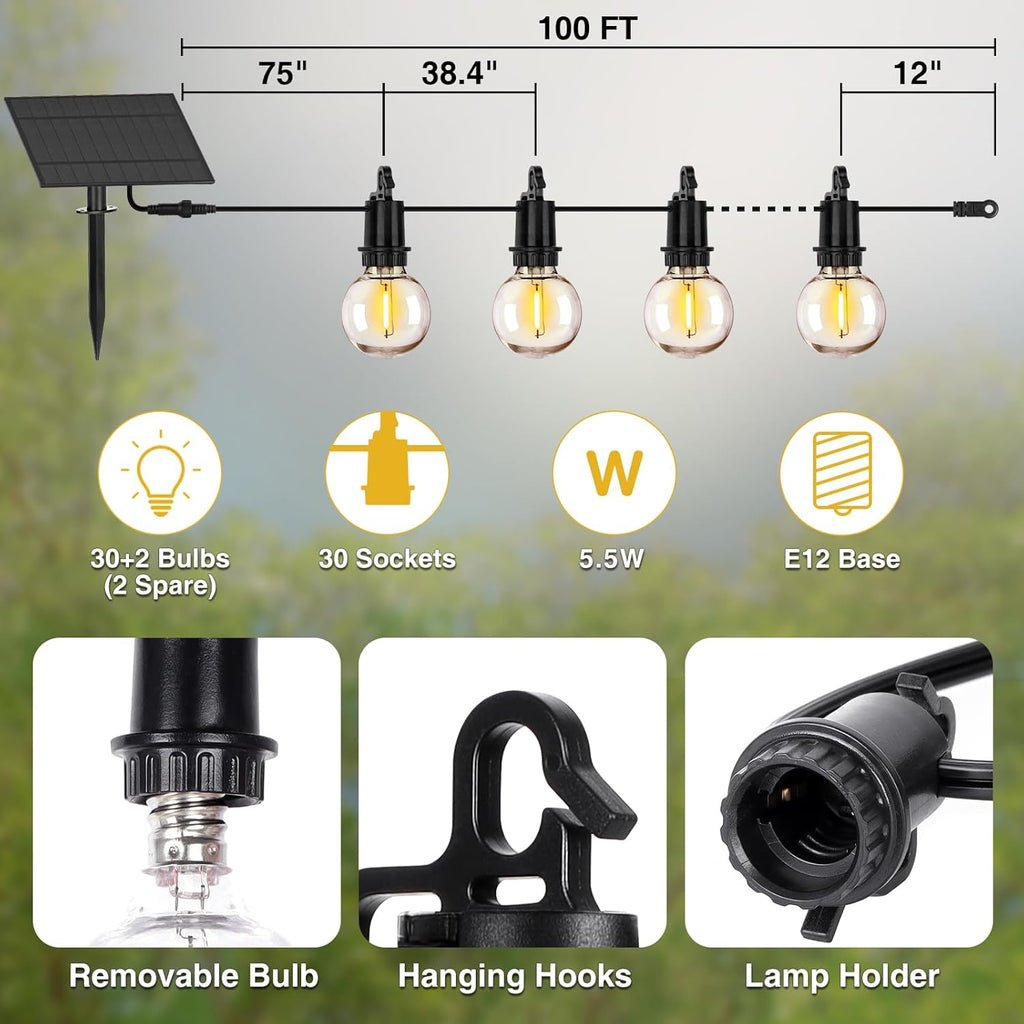 100FT Solar Lights Outdoor String Lights Waterproof G40 Patio lights Solar Powered with Remote USB Port 30+2 LED Shatterproof Bulbs 3 Light Modes, Dimmable Solar Lights for Camping for Porch Backyard