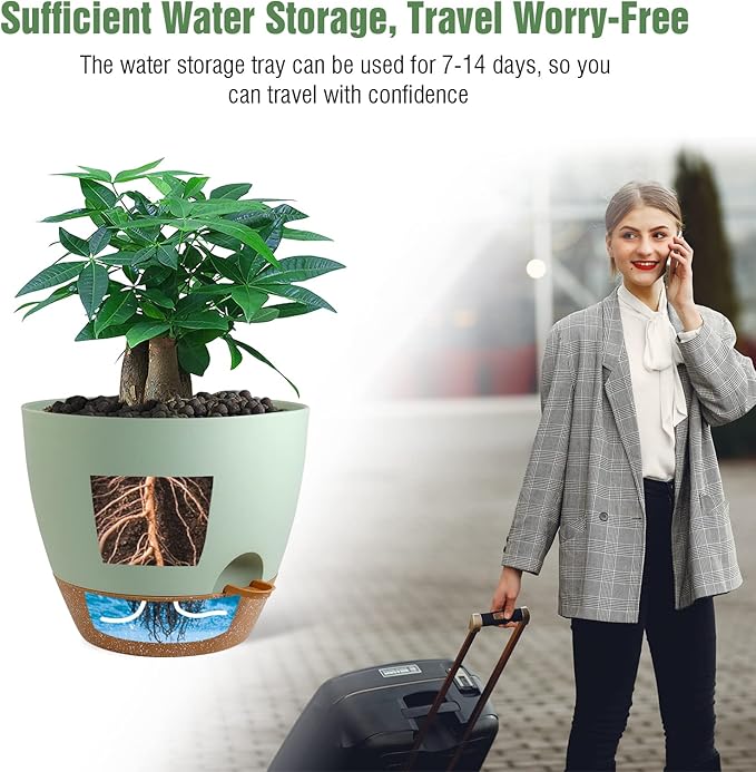 12 inch Large Self Watering Pots, Plastic Planters with 60oZ Removable Deep Reservoir and Multi Mesh Drainage Holes for Indoor Outdoor Garden Plants and Flowers, Green with Brown