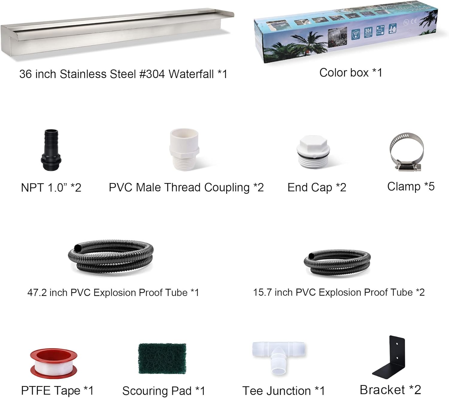 YUDA 36 Inch Water Pool Fountain, 304 Stainless Steel Pool Waterfall with Wider Water Flow Platform, Professional Waterfall Spillway for Sheer Descent Garden Outdoor