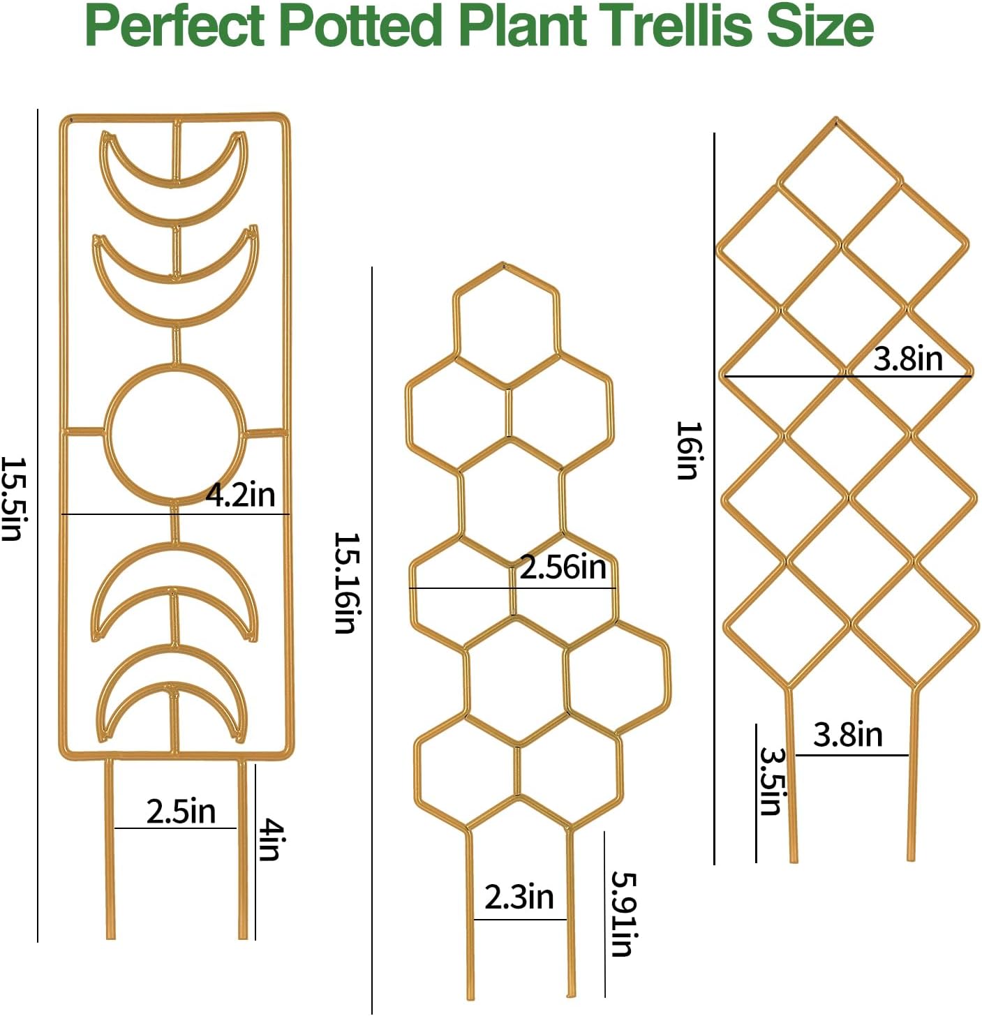 Plant Trellis for Climbing Plants Indoor, 16.75 Inch Gold Small Garden Metal Houseplant Trellis for Potted Plants Outdoor with Different Patterns for Vine Ivy Flower Plant Support Lover Gifts Lattice