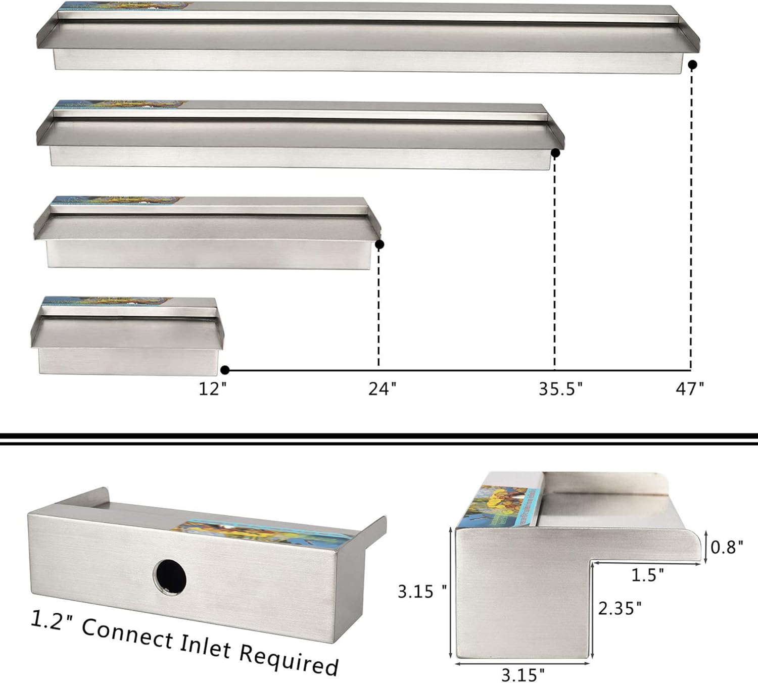 YUDA 36 Inch Water Pool Fountain, 304 Stainless Steel Pool Waterfall with Wider Water Flow Platform, Professional Waterfall Spillway for Sheer Descent Garden Outdoor