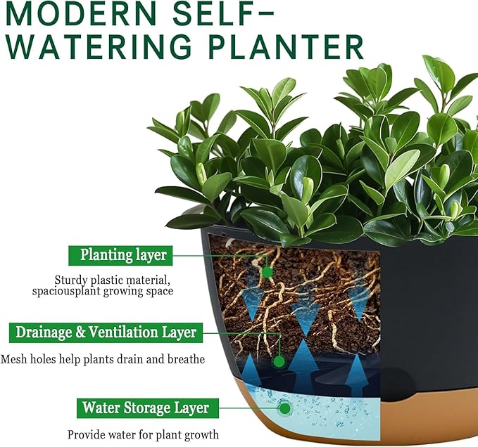 10 Inch Pots for Indoor Plants, Large Self Watering Planters with Drainage and Saucers, Plastic Outdoor Flower Pot, Set of 2, Grey