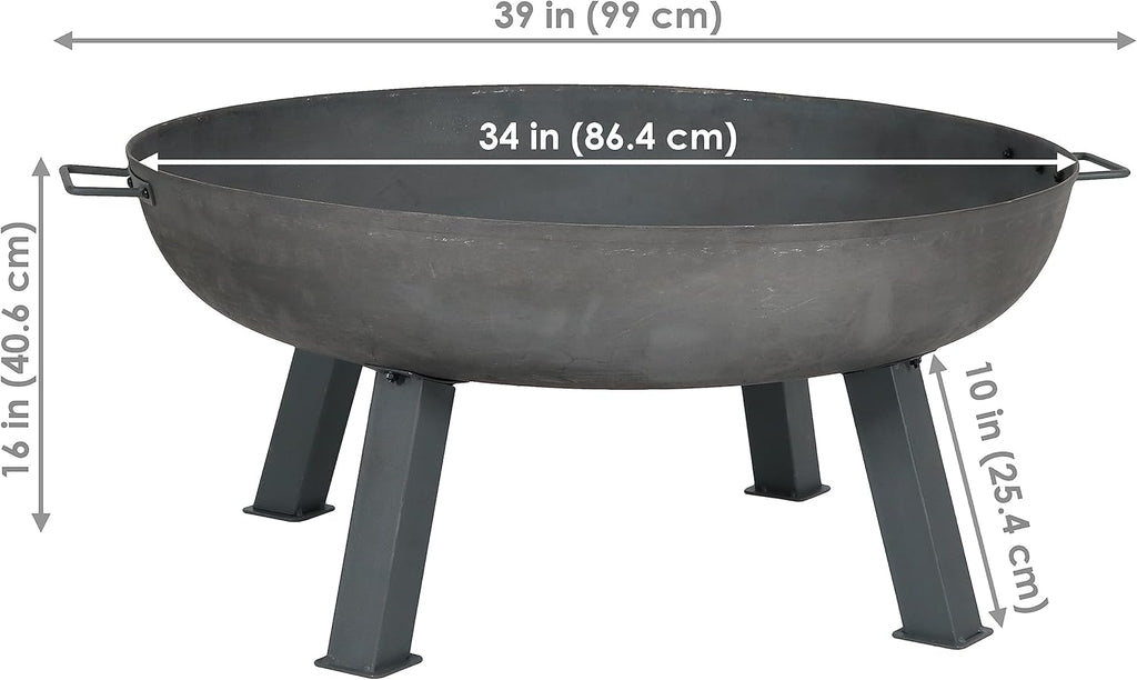 Sunnydaze 34-Inch Cast Iron Heavy-Duty Fire Pit for Outside - Wood-Burning Outdoor Fire Pit Bowl with Handles - Steel Finish