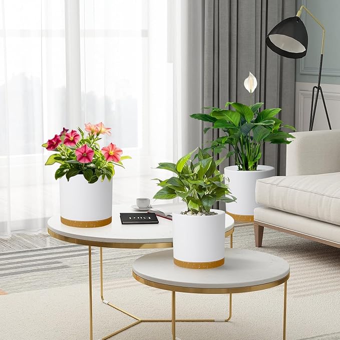 10/8/6 inch Deep Plant Pots, 3 Pack Cylindrical Large Flower Pots for Outdoor Indoor Plants, Tall Plastic Planters with Drainage Holes and Saucers for Garden House Plants, White with Brown