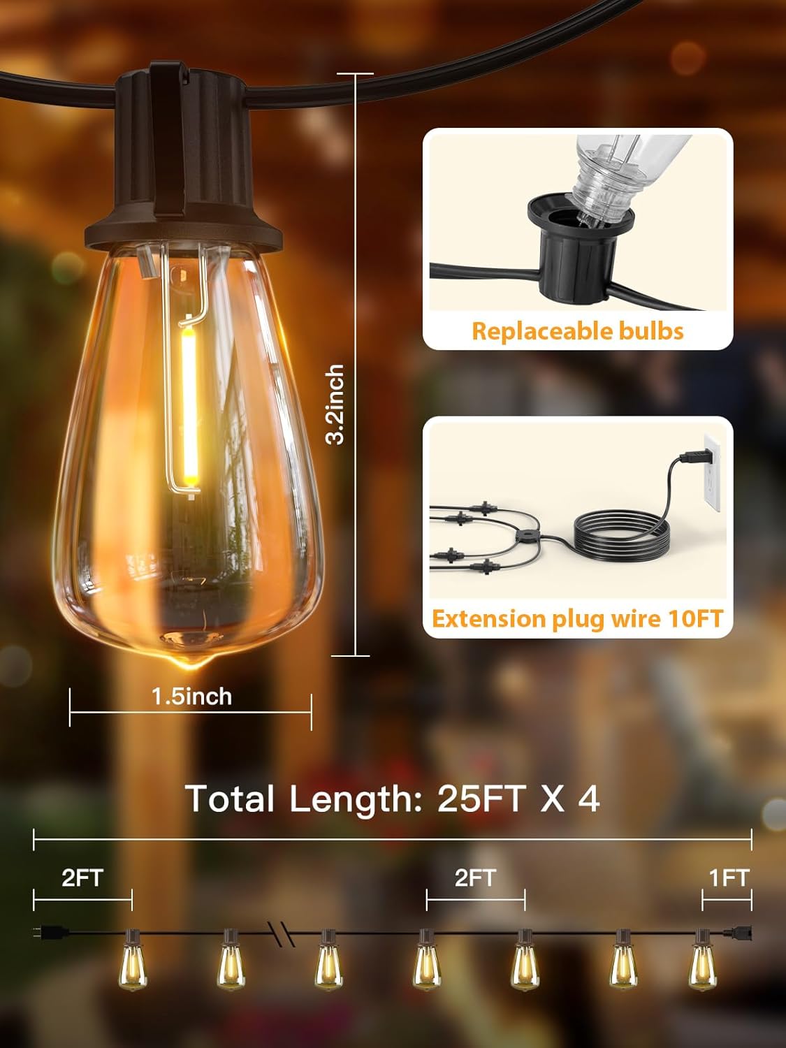 addlon 100FT (4x25FT) Outdoor String Lights, Waterproof Patio Lights ETL Listed with 48+4 Shatterproof Dimmable ST38 LED Bulbs, 2200K Connectable Outdoor Lighting for Christmas House Backyard Garden