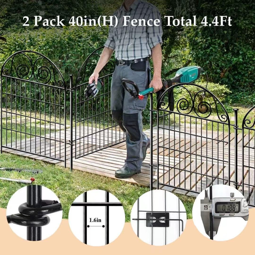 Tall Garden Fence with Gate, 40 Inch(H) 2 Panels Total Length 4.4 Ft Dog Fences Outdoor for Yard, Black Metal No Dig Fencing for Dogs│Patented