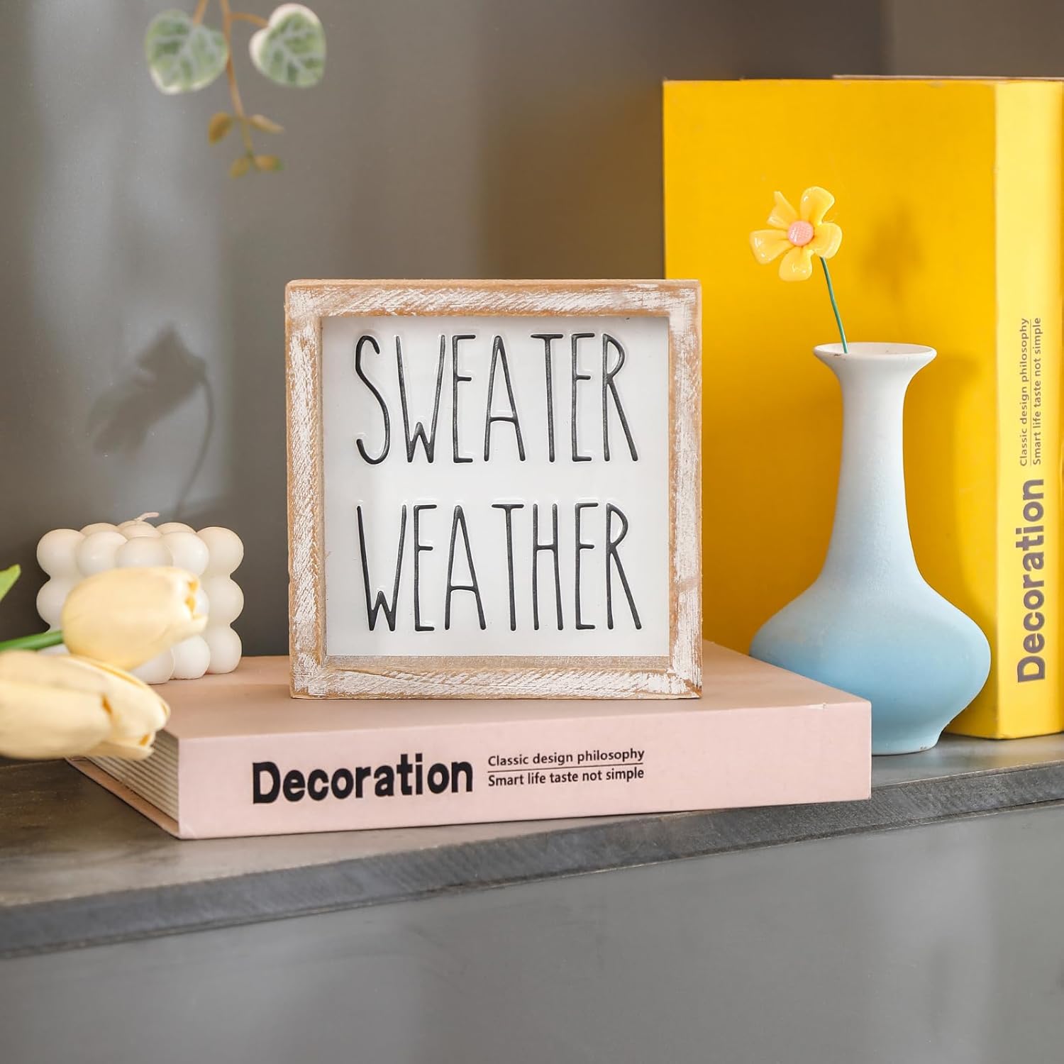 Embossed Sweater Weather Sign, Rustic Fall Decorations for Home, Fall Centerpieces for Table Cubicle Desk Mantel Fireplace, Autumn Tiered Tray Decor