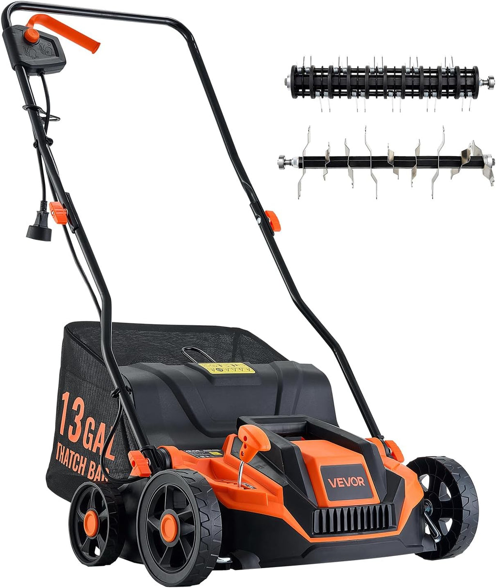 VEVOR 2-in-1 Electric Dethatcher and Scarifier, 13-Inch 13 Amp, Corded Lawn Dethatcher with 13-Gallon Thatch Collection Bag, 5-Position Depth Adjustment, Walk Behind Machine for Garden Yard Grass