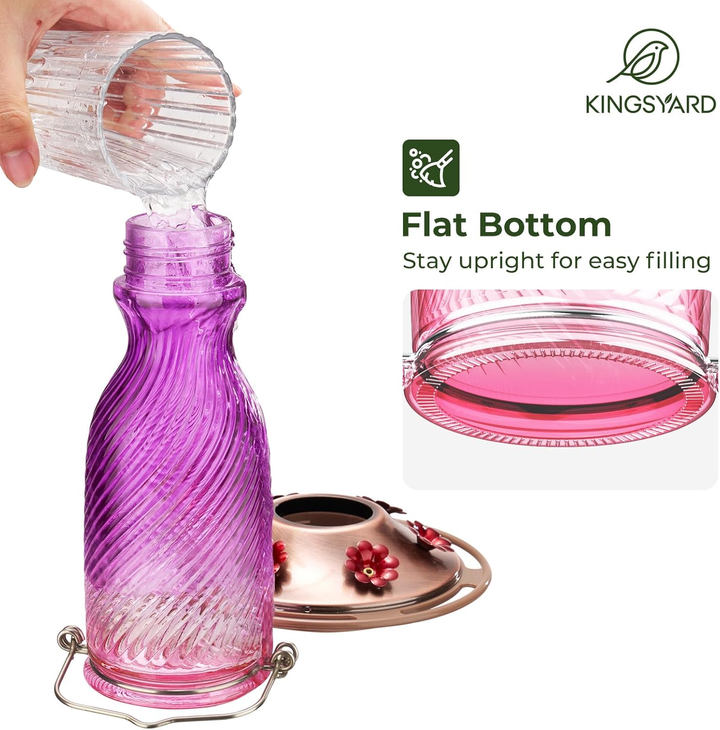 Kingsyard Glass Hummingbird Feeders for Outdoors, 24 oz Hummingbird Nectar Feeder for Outdoors Garden Yard D�cor, 6 Feeding Ports, Ant Moat Included, Easy to Clean & Refill, Purple
