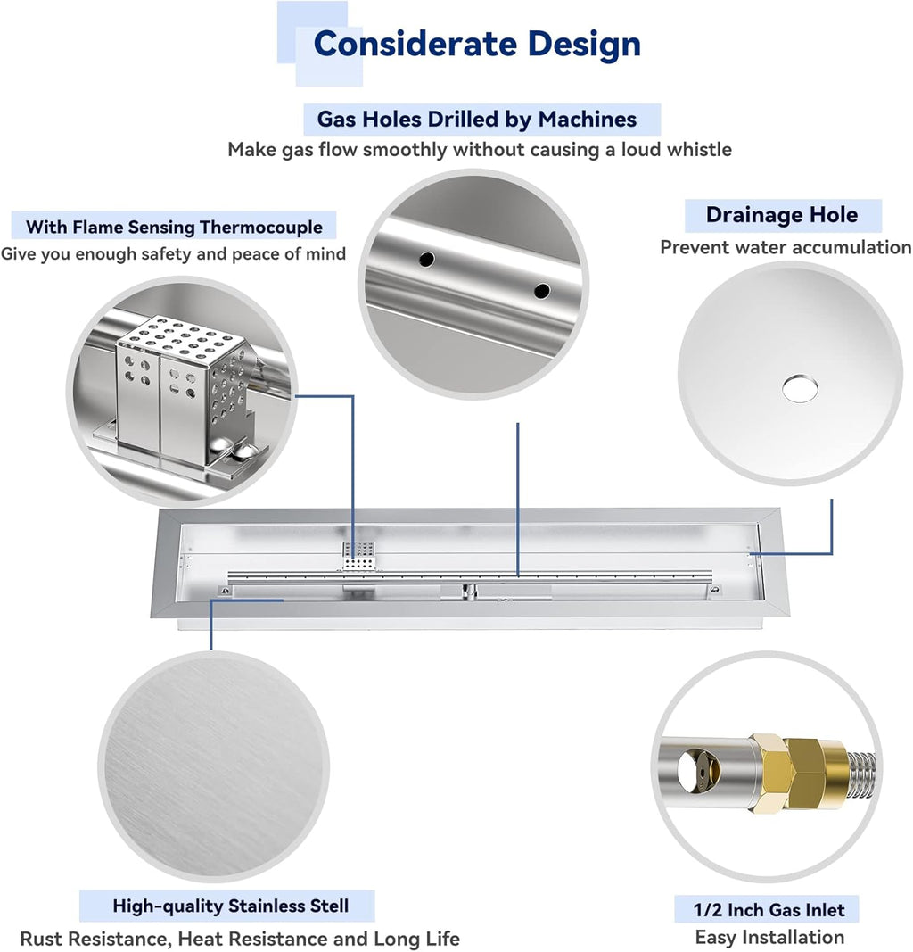 Skyflame 30" Linear Stainless Steel Fire Pit Drop-in Burner Kit with Flame Sensing, Electronic Spark Ignition, CSA Certified, and Propane Regulator Hose Set