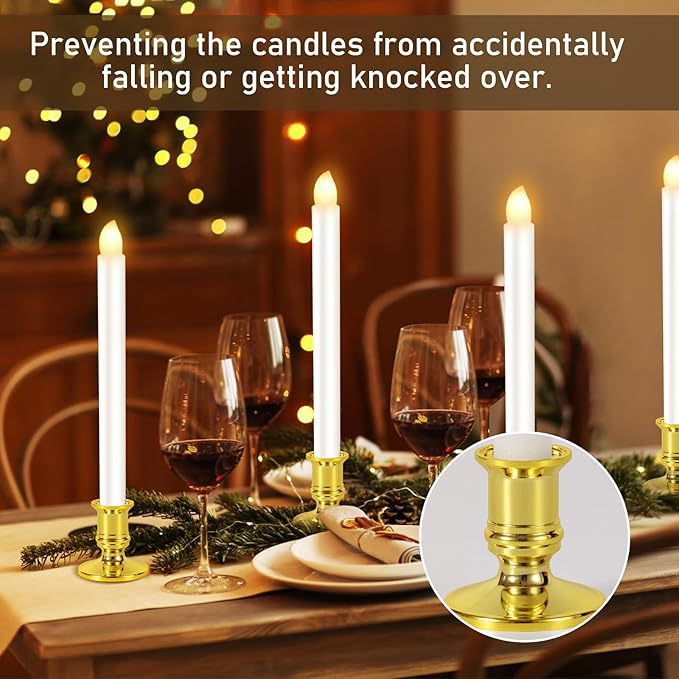 12 Pack Christmas Window Candles, Battery Operated Window Candles with Timer Remote, Candle Holder Suction Cup for Christmas Decorations, Gold