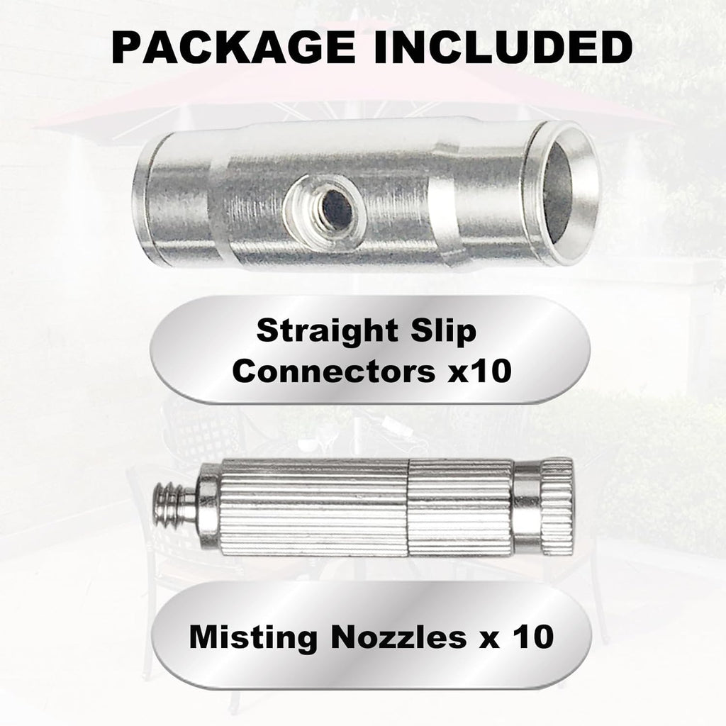 Brass Patio Misting Kit – 10 Brass Micro-Nozzles & 10 3/8″ Slip Connectors for Outdoor Cooling (UNC 10/24, 0.012″ Precision Orifice, 15-280 psi)