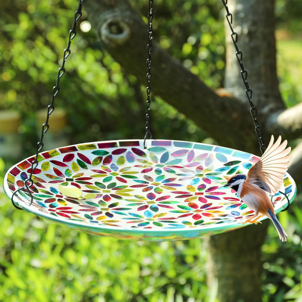 MUMTOP Mosaic Hanging Bird Bath-Bird Baths for Outdoors - 12 Inch Glass Birdbath Bird Water Bowl Bird Feeders for Outside, Garden, Lawn Yard Decor（Colorful Flower）