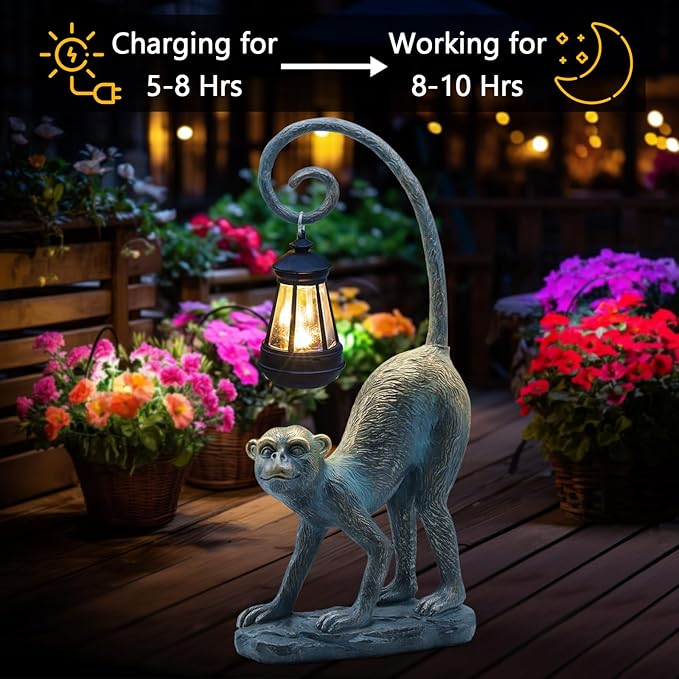 Resin Monkey Statue with Solar Light - Whimsical Garden Decor, Good Luck Gifts for Women,Outdoor Statues Yard Decor for Patio,Porch,Home - Unique Housewarming Gifts