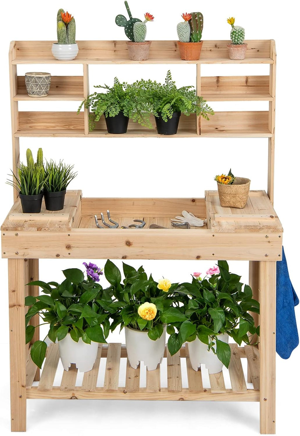 HAPPYGRILL Potting Bench Table, 60.5” Wood Garden Work Bench Workstation with Storage, Flip-Up Tabletop, Shelves & Hanging Hooks, Outdoor Garden Table for Patio, Lawn & Porch