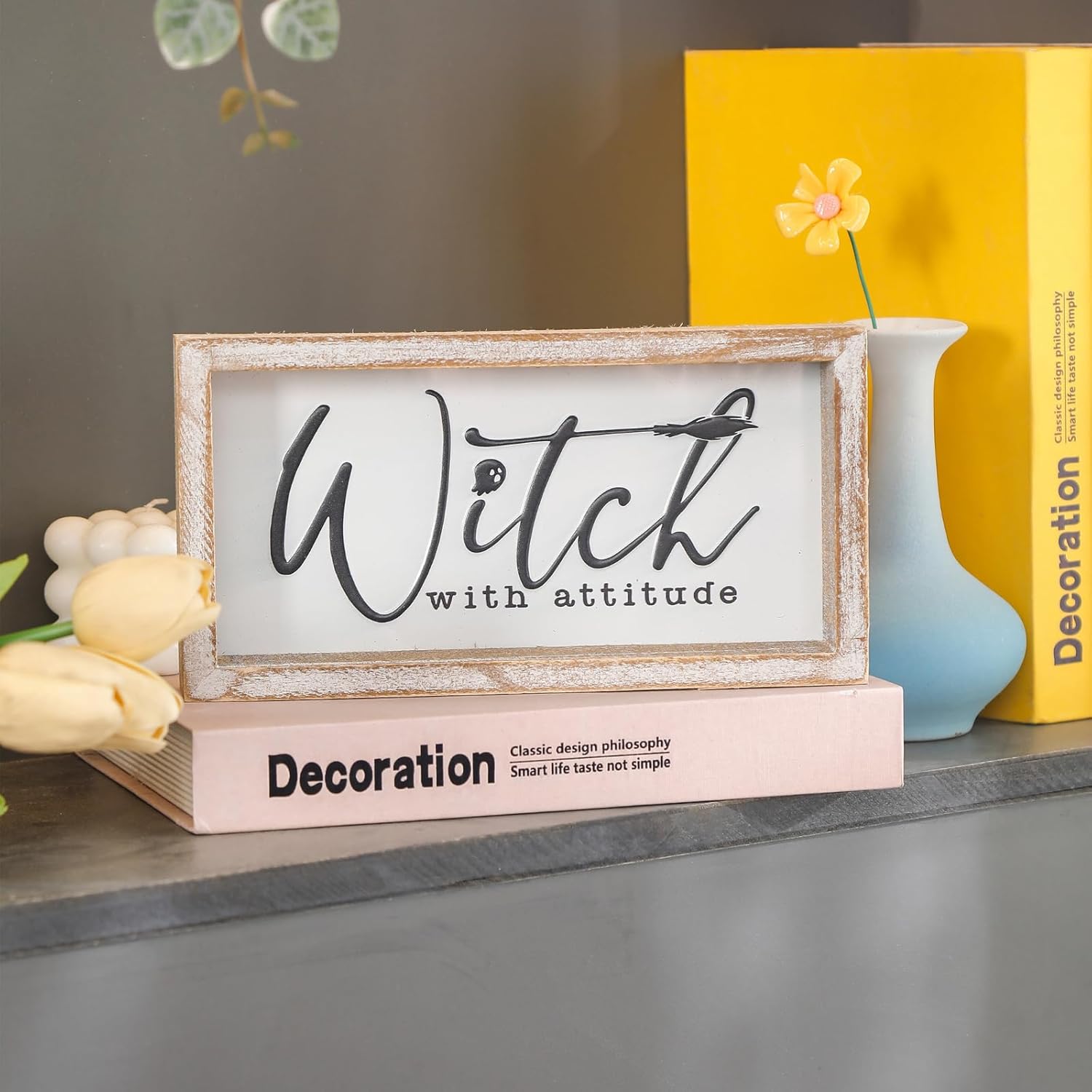 Embossed Witch Sign, Farmhouse Halloween Decorations Indoor, Vintage Halloween Tiered Tray Decor, Funny Spooky Halloween Centerpieces for Table Cubicle Desk Mantel Fireplace