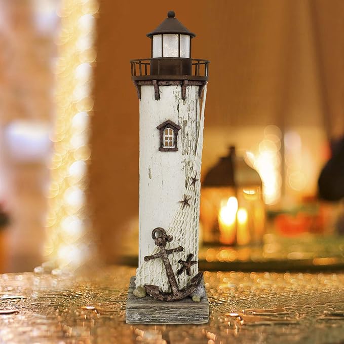 Wooden Lighthouse Decor with Light, Decorative Nautical Lighthouse Nightlight Rustic Ocean Sea Beach Themed Lighthouse Decoration