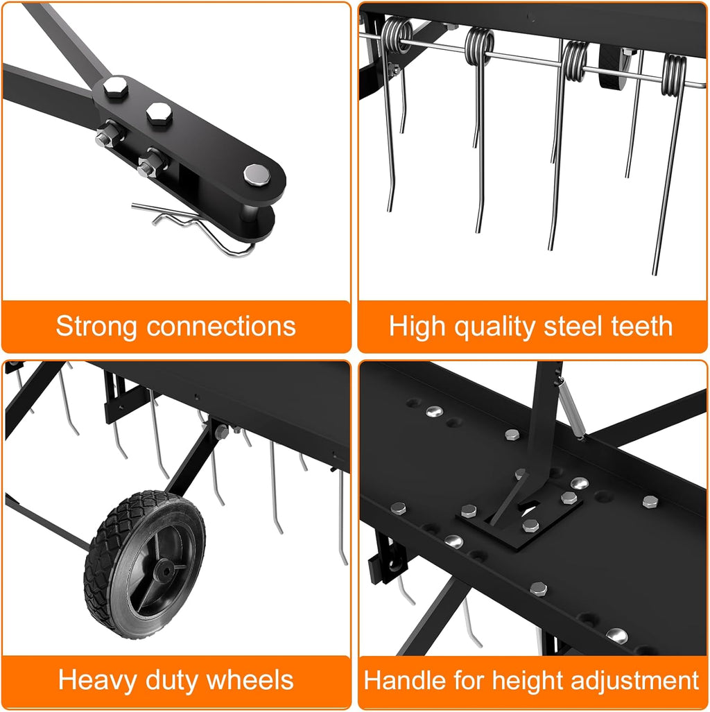 48" Tow Behind Lawn Dethatcher, Pull Behind Rake with 24 Rust-Proof Tines and Heavy Tires, Lawn Tractor Rake with Lift Handle, Black Tow Behind Rakes to Remove Thatch, Leaves from Large Lawn Area