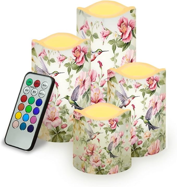 Ystardream Hummingbird Flower Flameless Candles with Remote Battery Operated Candles Elegant Realistic LED Candles with Remote and Timer Set of 4 for Valentines Home Wedding Birthdays