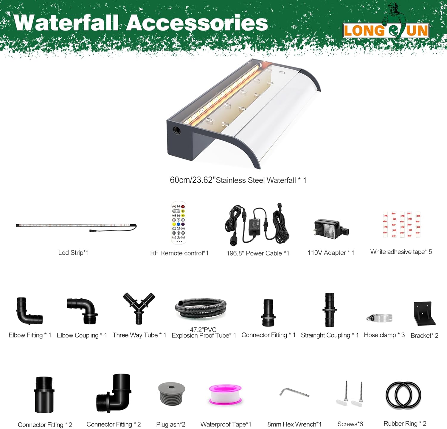 Pool Fountain, LONGRUN Waterfall Spillway for Koi Ponds - 23.6" Transparent Acrylic Waterfall with APP Control & Multi-Color LED Lights for Swimming Pool, Garden Pond, Patios, Spa Decoration