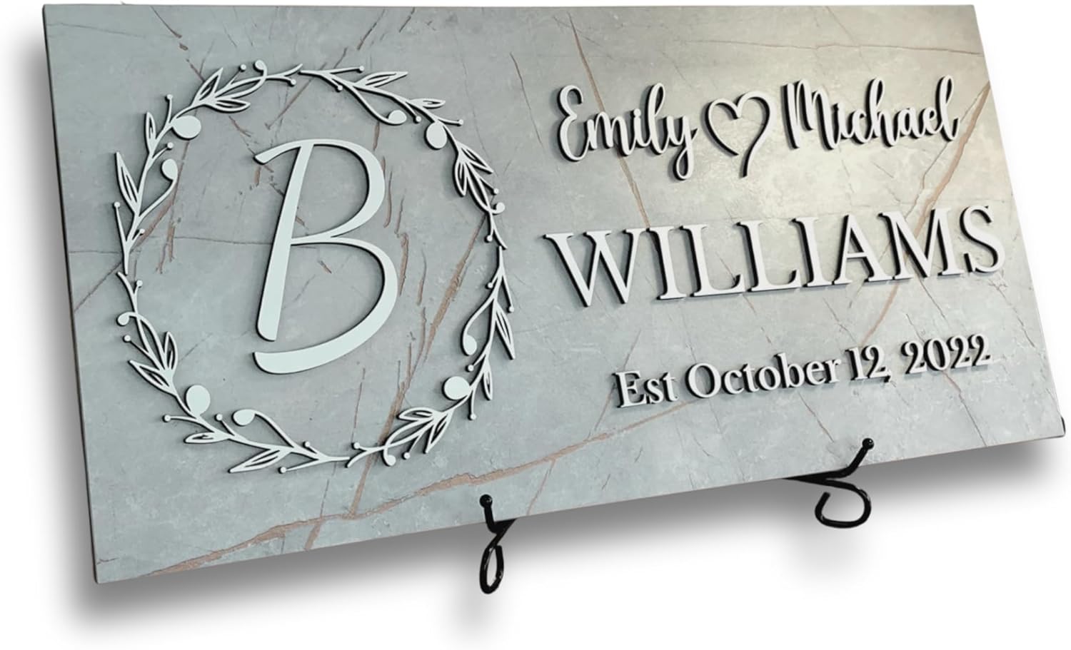 Personalized Monogrammed Family Name Sign with Couple Names, Marble Look Wood Sign, Personalized Wedding Gift, Modern Established Date Wall Decor, Anniversary of Housewarming