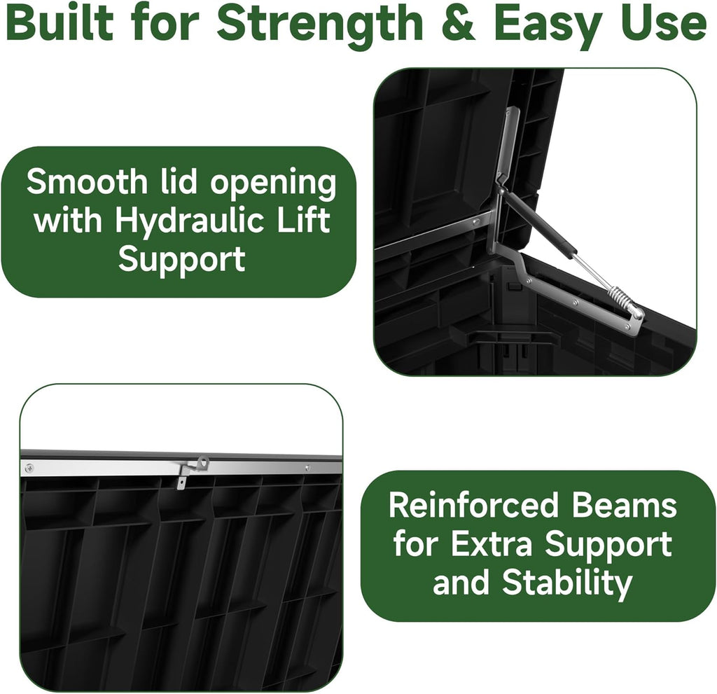 230 Gallon Outdoor Storage Box Waterproof, UV Resistant Resin Deck Box with Hydraulic Rod, Reinforced Stability for Patio, Garden,Striped Black