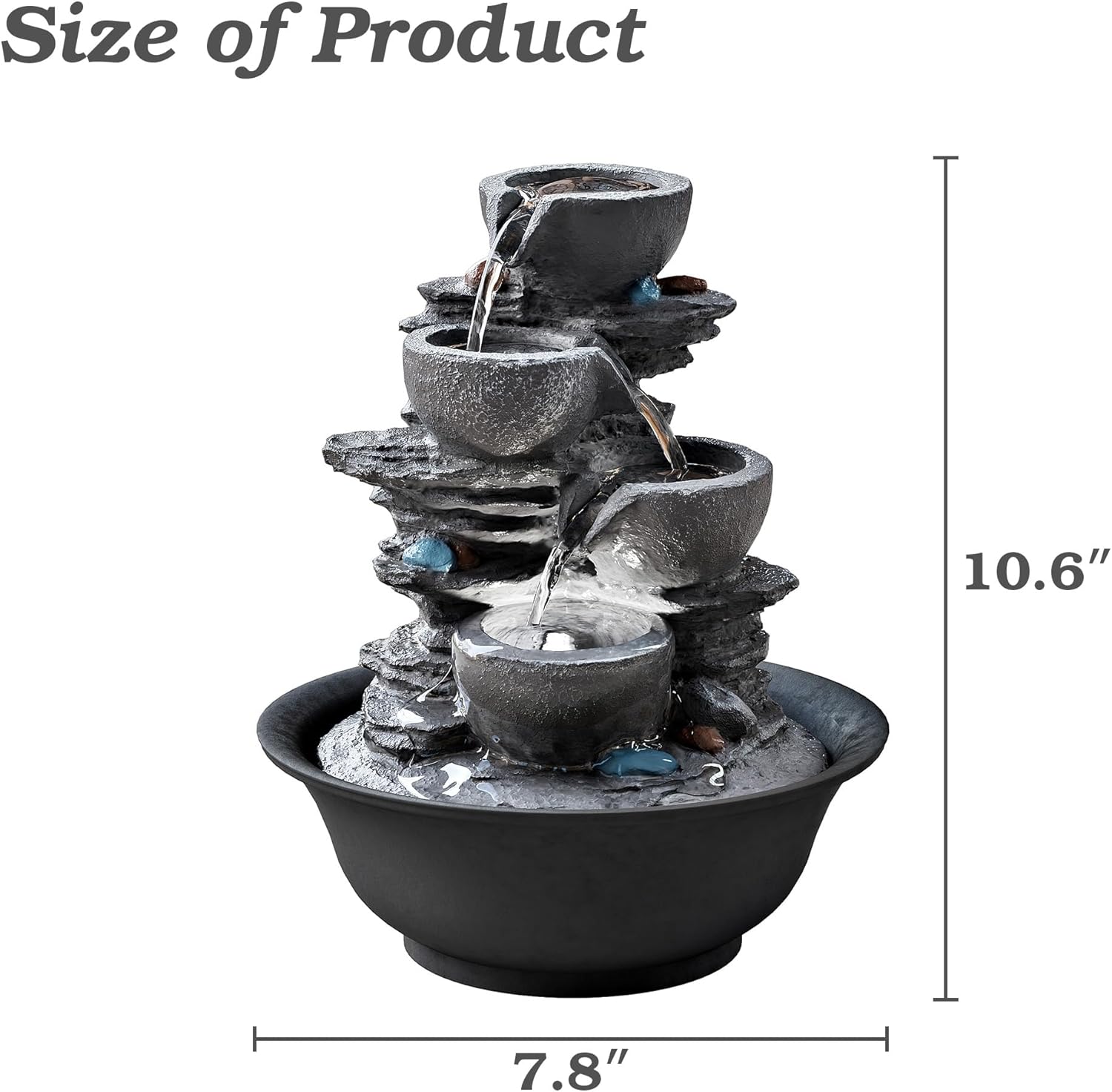 10.6inch Tabletop Fountain, Indoor Waterfall Fountains with LED Light, Realistic Rock Design for Soothing Ambiance in Bedrooms, Living Rooms, Offices, or Meditation Spaces