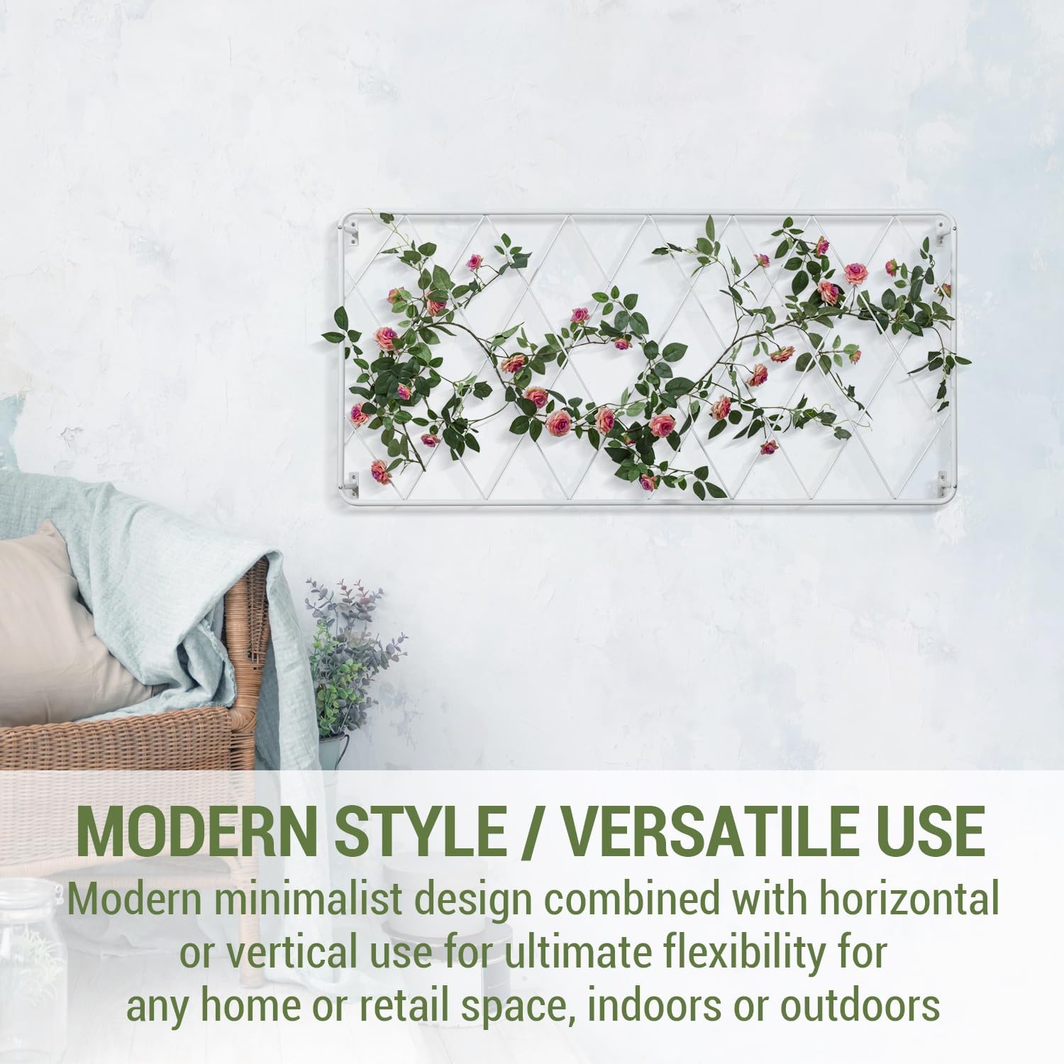 MyGift 50 by 24 Inch Single Panel Wall Mounted Garden Trellis with Metal Diamond Screen, Hanging Lattice Support Frame for Outdoor or Indoor Climbing Plant Vines (Matte White, 1 pc)