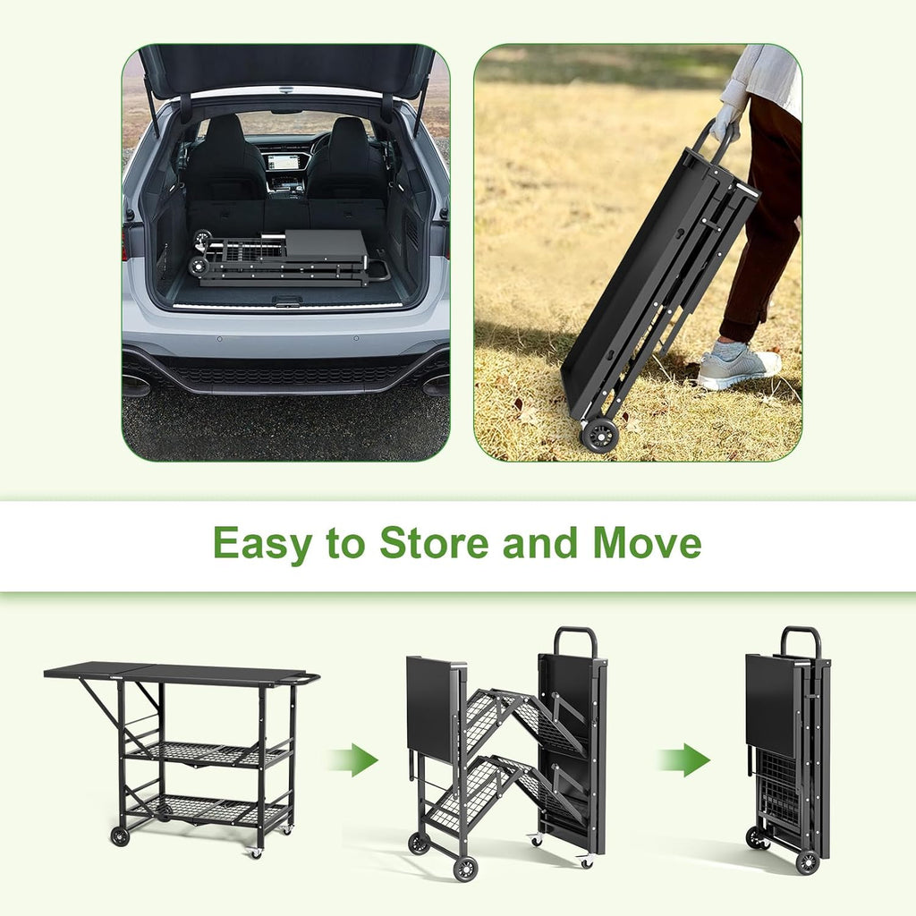 Himix Folding Grill Cart, 3 Tier Outdoor Grill Table with Side, 4 Hooks, Pizza Oven Cooking Prep Table, Portable Outdoor Bar Cart Grill Station