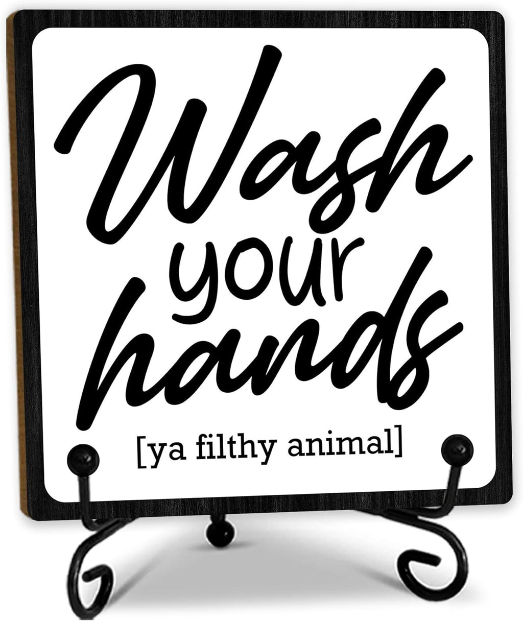 5" Wooden Plaque, Wash Your Hands, Bathroom Toilet Decor With 1 Metal Support, Shelf Decoration, Rustic Farmhouse Home Guest Room Accessories -B14