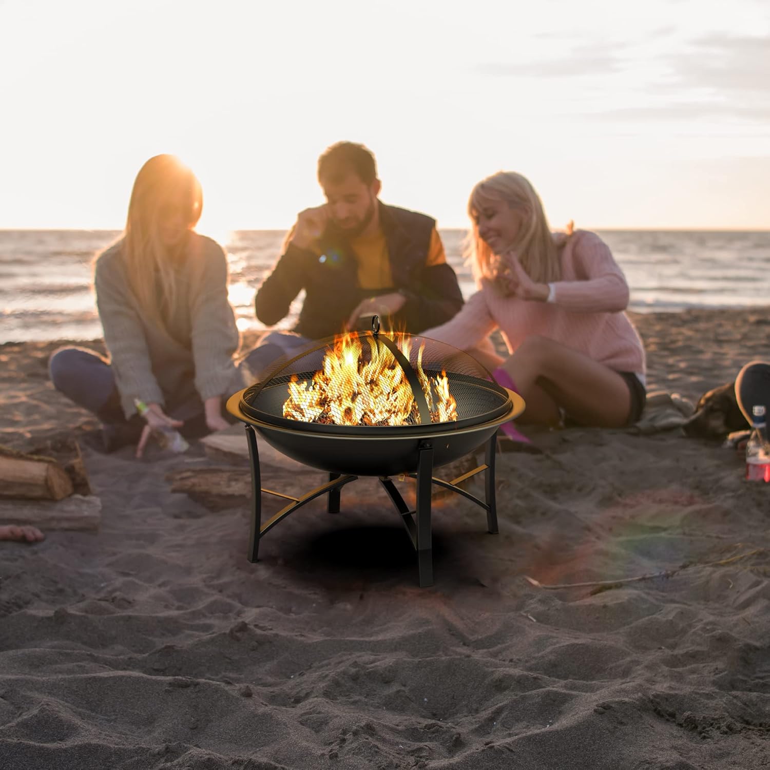 Fire Beauty Fire Pit for Outside Wood Burning,BBQ Grill Steel Fire Bowl with Spark Screen Cover,Log Grate,Poker for Camping Beach Bonfire Picnic Backyard Garden