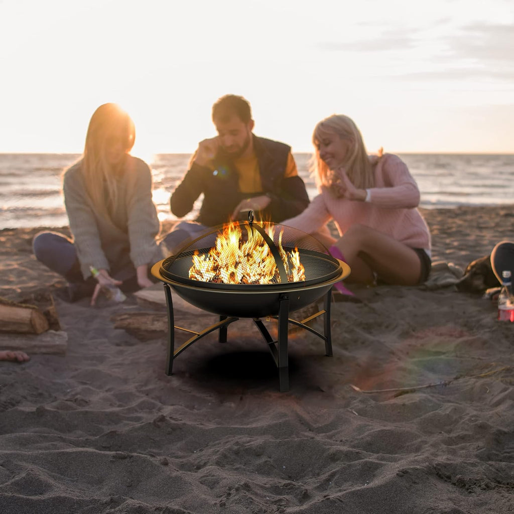 Fire Beauty Fire Pit for Outside Wood Burning,BBQ Grill Steel Fire Bowl with Cooking Grate,Spark Screen Cover,Log Grate,Poker for Camping Beach Bonfire Picnic Backyard Garden