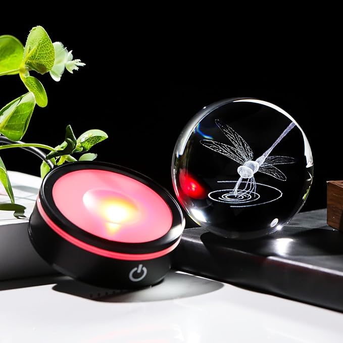 YWHL Crystal Ball 3D Dragonfly Figurine with LED Base, Dragonfly Gifts for Men Women on Christmas Birthday, Glass Animals Insect Sphere Decorative Ball for Home Decor (80mm)