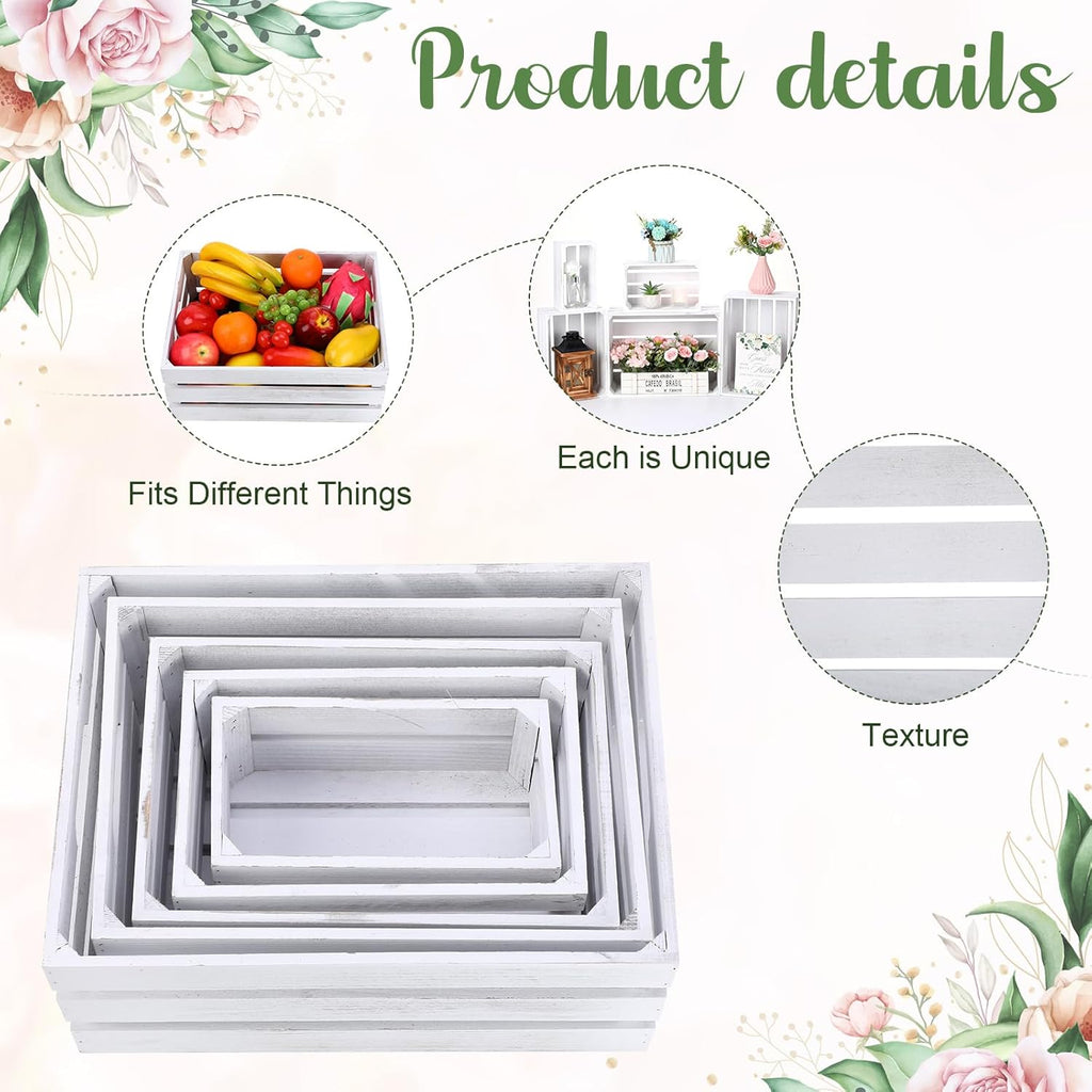 Soaoo 5 Pcs Decorative Nesting Wooden Crates for Storage Display 5 Size Large Small Rustic Wood Decorative Storage Crates with Handle Farmhouse Crate Box Container Made from Pine(Vintage White)