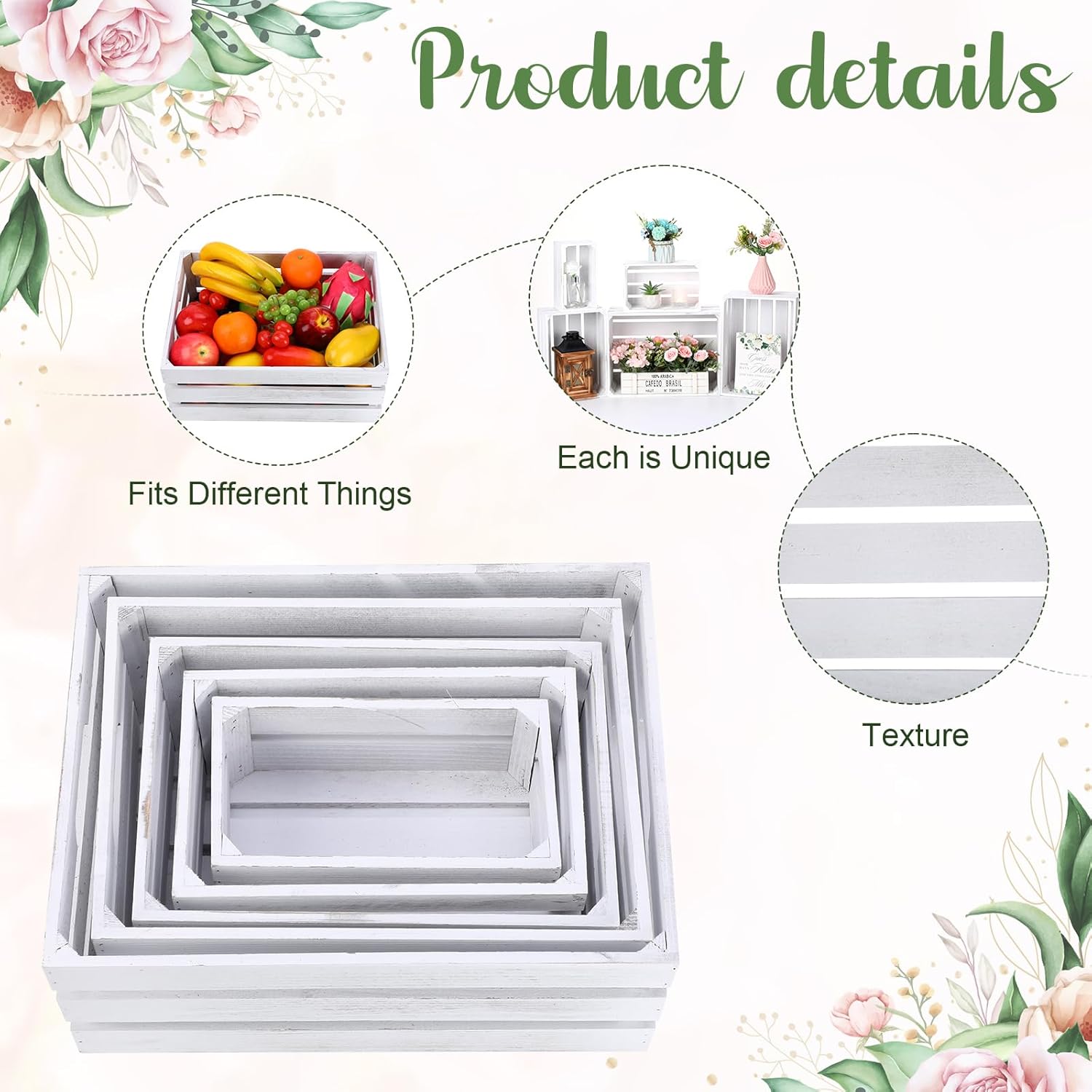 Soaoo 5 Pcs Decorative Nesting Wooden Crates for Storage Display 5 Size Large Small Rustic Wood Decorative Storage Crates with Handle Farmhouse Crate Box Container Made from Pine(Vintage White)