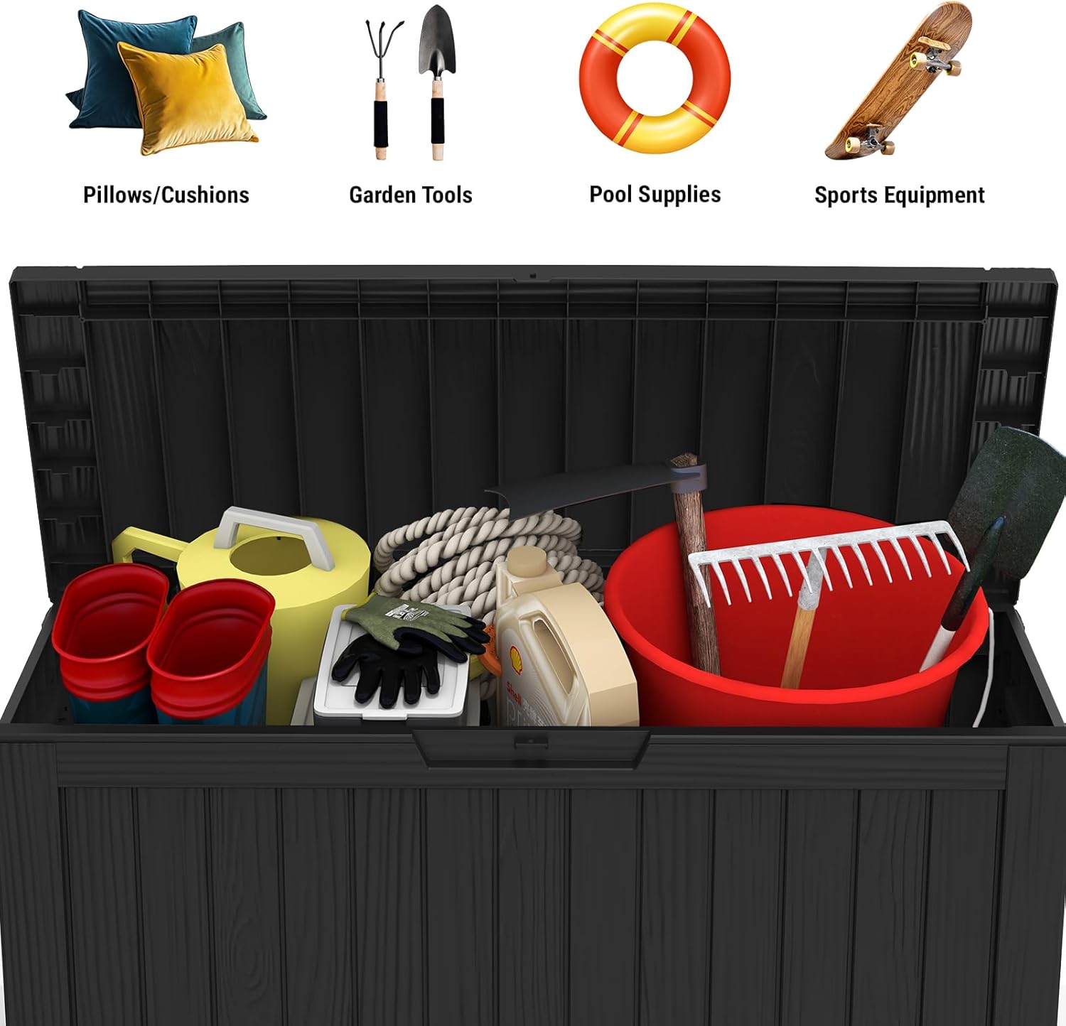 Mars Villa 72 Gallon Deck Box, Outdoor Storage Box Waterproof, Outside Resin Storage Bin for Patio Furniture Cushions, Pool Supplies, Garden Tools, UV-Resistant and Weatherproof, with 4 Wheels, Black