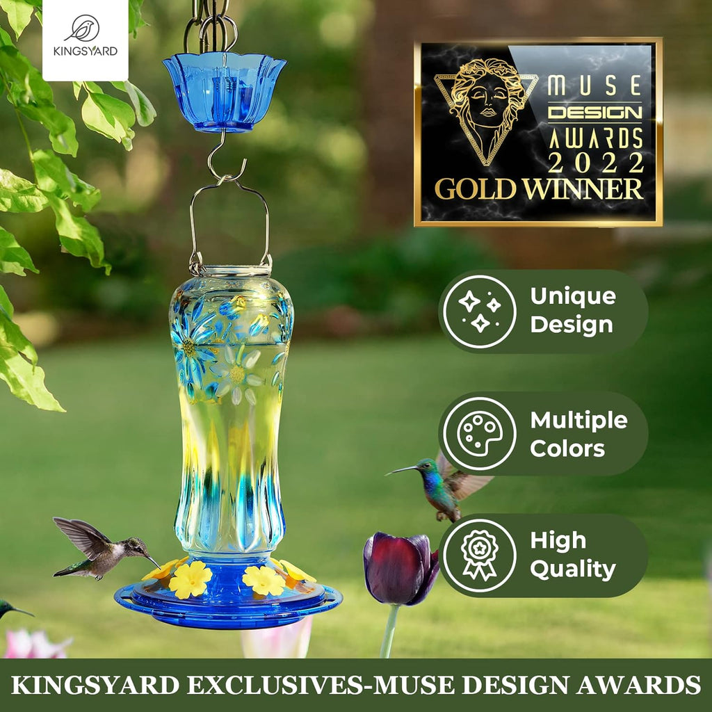 Kingsyard Hummingbird Feeder for Outdoors Hanging, 25 Ounces, Glass Humming Bird Nectar Feeder with Ant Moat & 6 Feeding Ports, Leak Proof, Blue