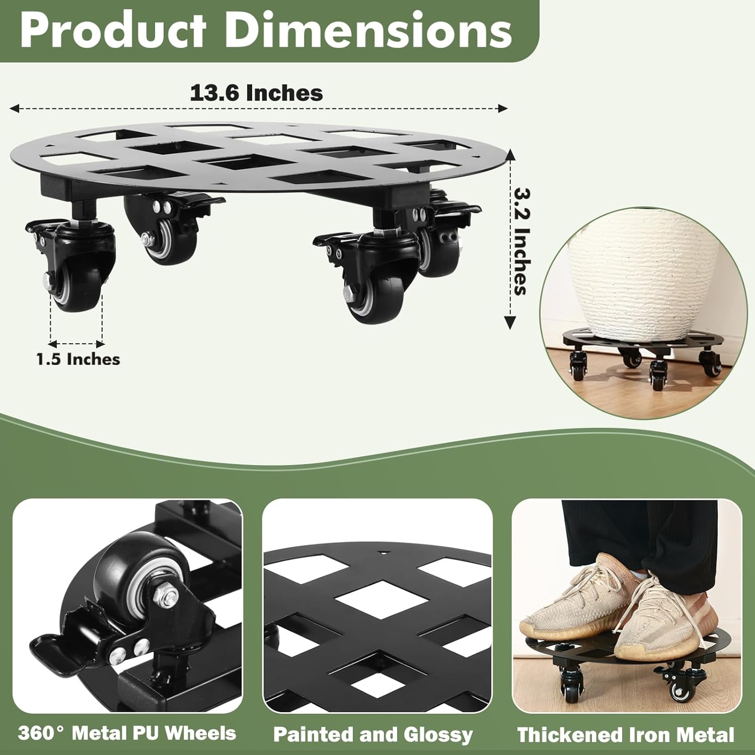 1 Pack 13.6 inches Large Metal Plant Caddy with Wheels Heavy-Duty Round Plant Stands with Casters Indoor Outdoor Flower Pot Mover Roller Base Garden Dolly Coasters Black, Strong Load Capacity