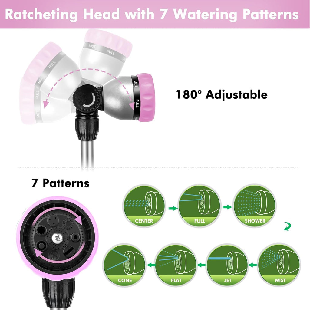 RESTMO 36”-60” Metal Watering Wand, Long Telescopic Tube | 180° Adjustable Ratcheting Head | 7 Spray Patterns | Flow Control, Garden Hose Sprayer to Water Hanging Baskets, Shrubs, Pink