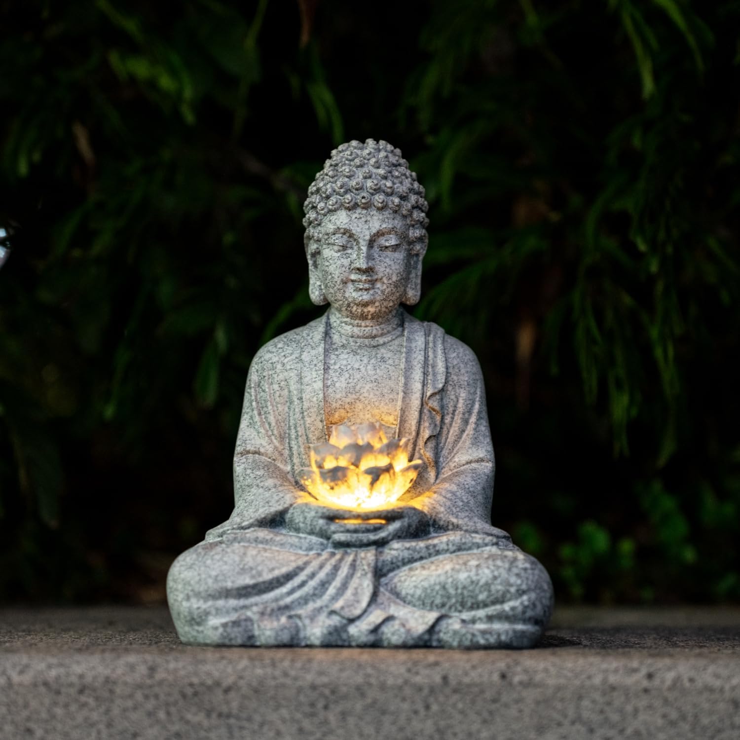 Buddha Lotus Statue with Solar Lights, Resin LED Figurine for Garden Decor – Unique Gift for Women and Friends(Grey Buddha)