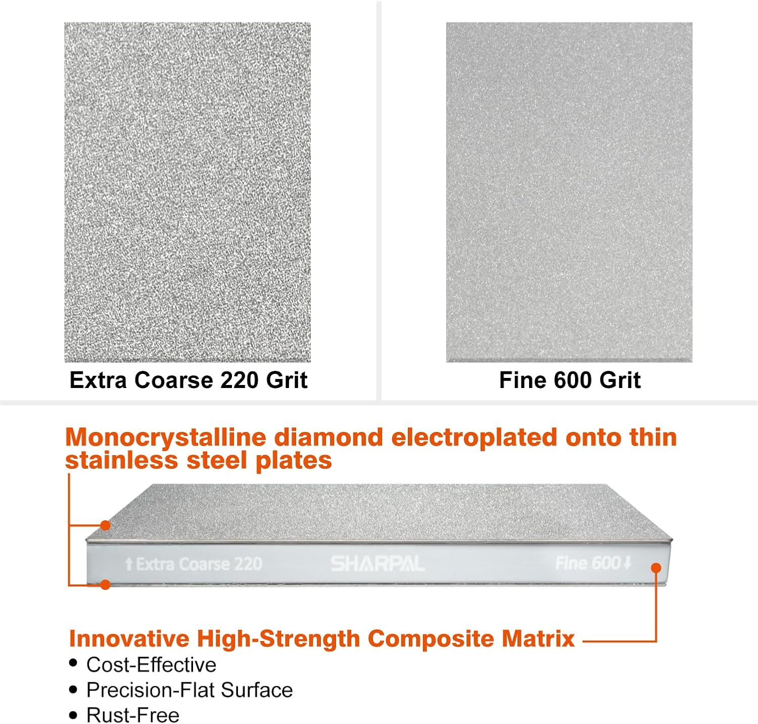 SHARPAL 169H Large 8" x 3" Dual-Grit Diamond Sharpening Stone – Extra-Coarse 220 & Fine 600 Grit Monocrystalline Diamond Whetstone, Professional Knife Sharpener with Anti-Slip Pad and Angle Guide