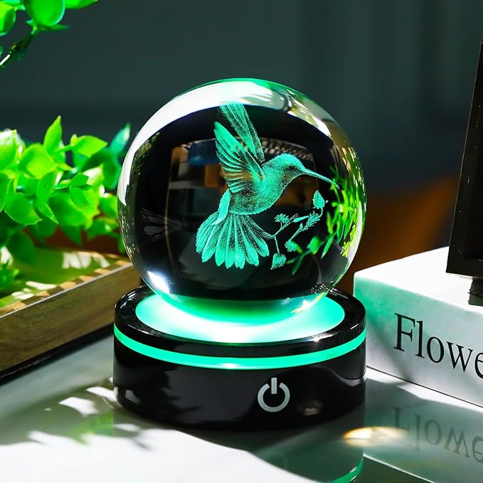 YWHL 3D Crystal Ball Hummingbird Figurine with LED Base, Hummingbird Gifts for Women Men Hummingbird Lovers on Christmas Birthday, Hummingbird Ornament Glass Decorative Ball for Home Decor (80mm)